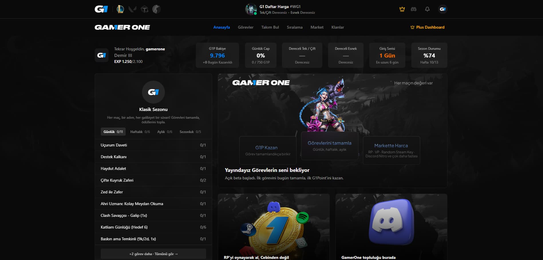 GamerOne platform arayüzü — görev merkezi ve G1P cüzdanı